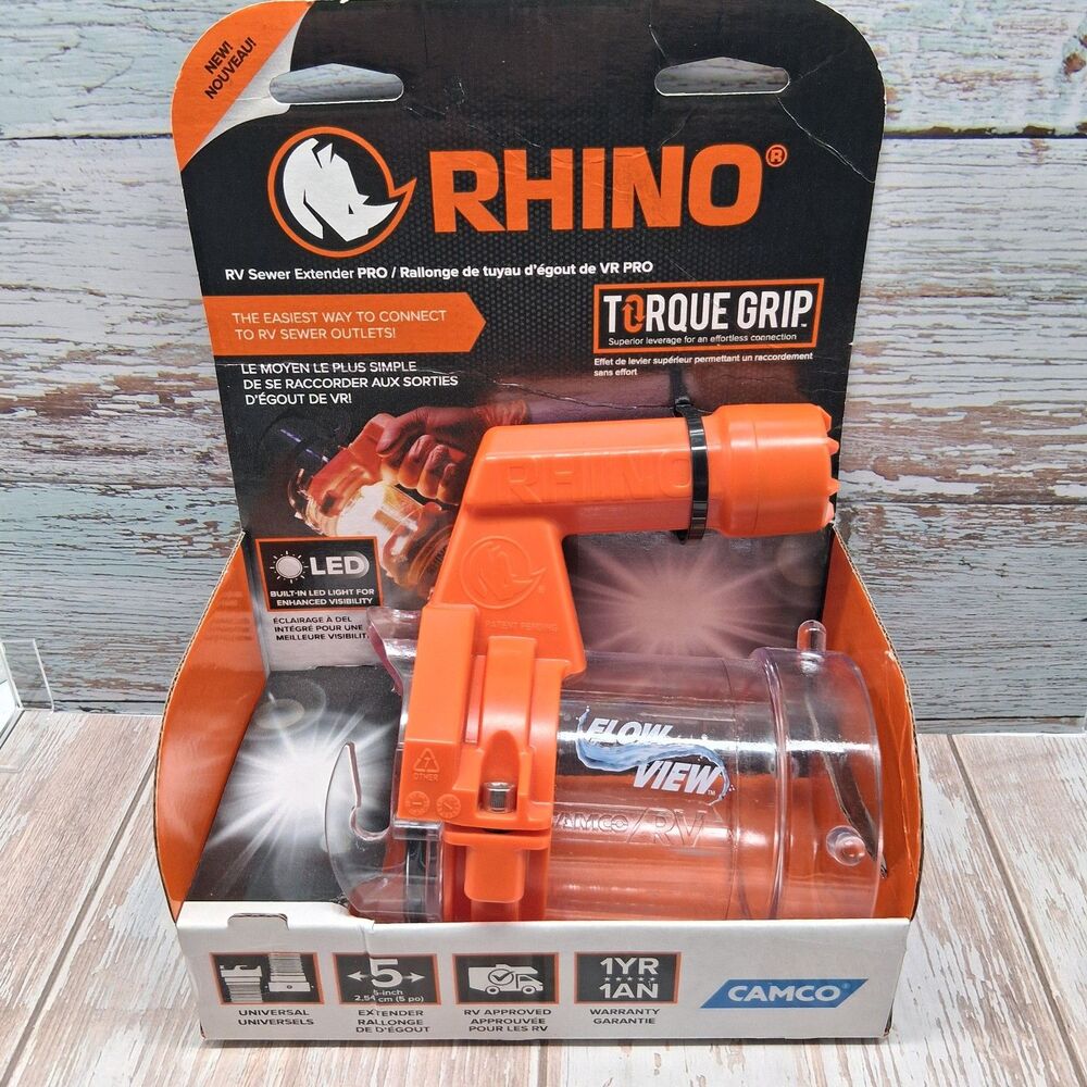 Camco Rhino Rv Sewer Extender Pro W/Led Flashlight 5" Orange 39570 Torque Grip